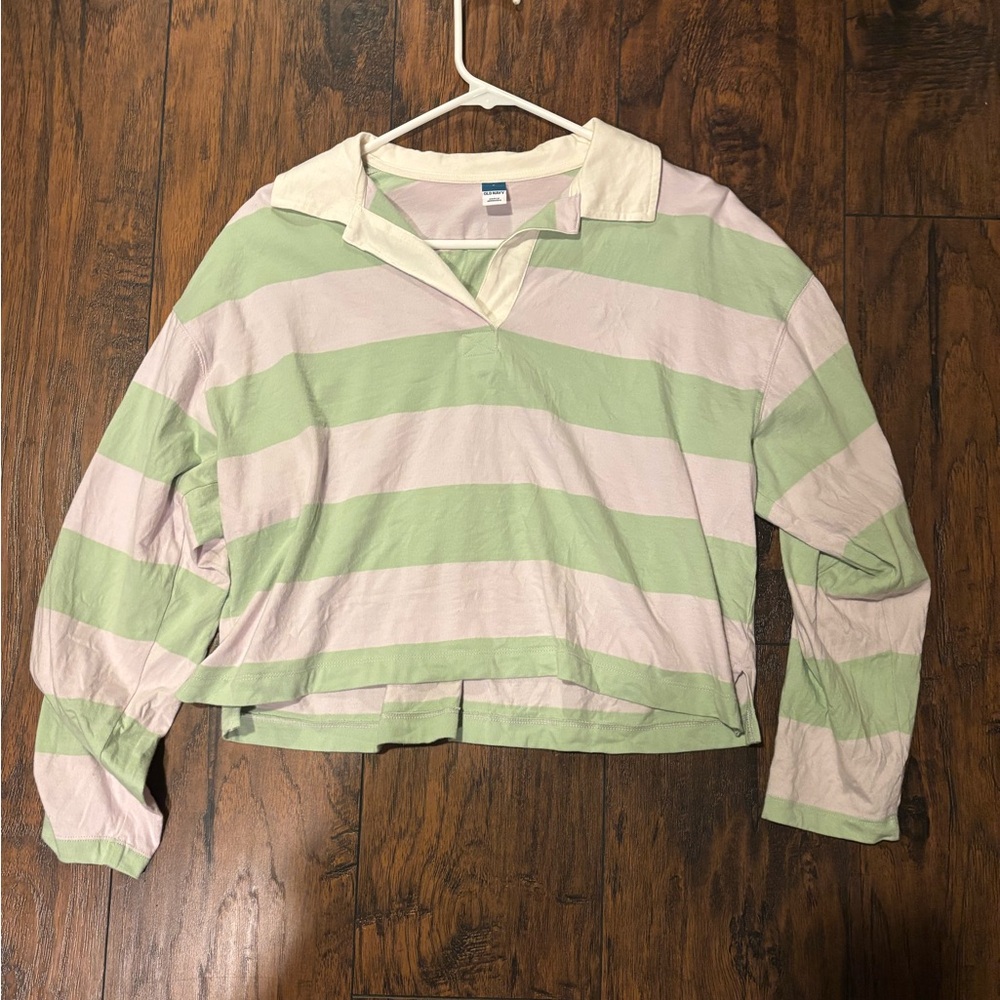 Old Navy Pastel Green and Light Purple Striped Long-Sleeve Polo